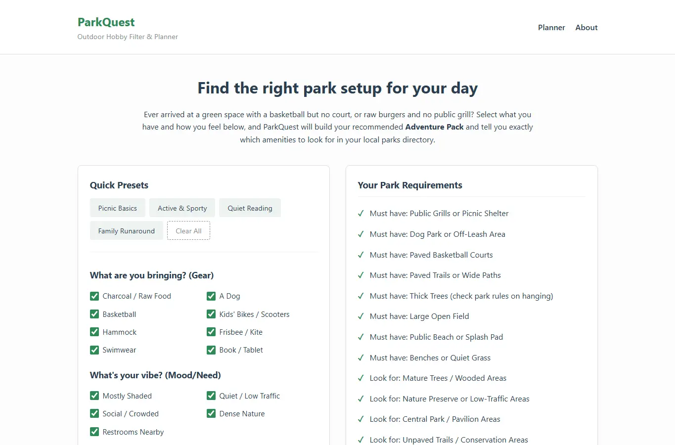 Screenshot of ParkQuest: Outdoor Hobby Filter - Find the Right Park for Your Gear & Mood interface showing the project page in use